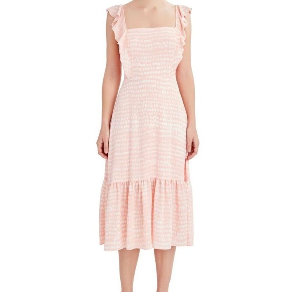 BCBG Paris, women’s ruffle sleeve tiered, Sandy dots pastel orange dress XL